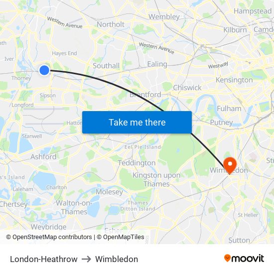 London-Heathrow to Wimbledon map