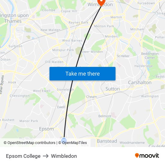 Epsom College to Wimbledon map
