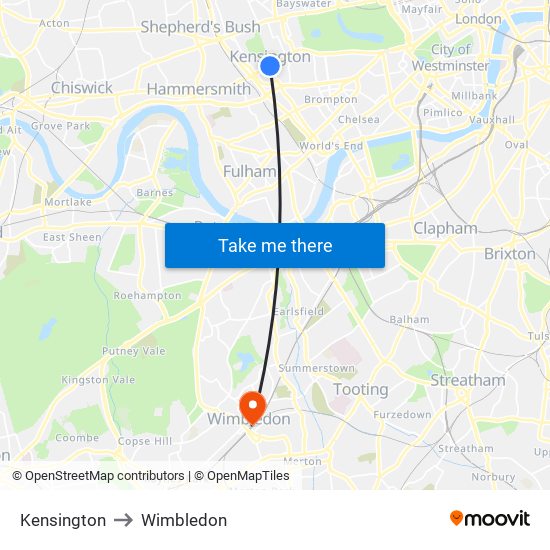 Kensington to Wimbledon map