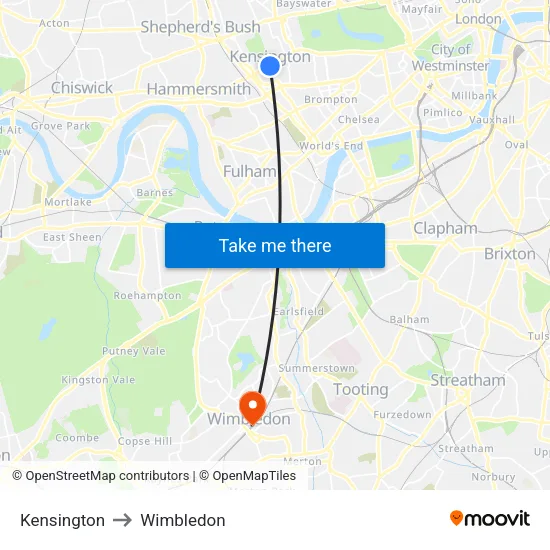 Kensington to Wimbledon map