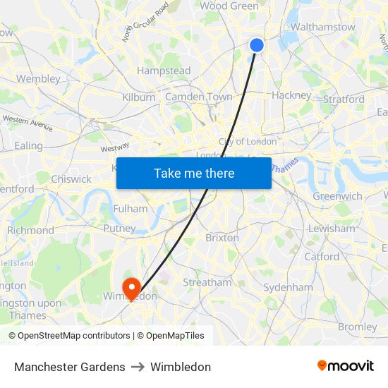 Manchester Gardens to Wimbledon map