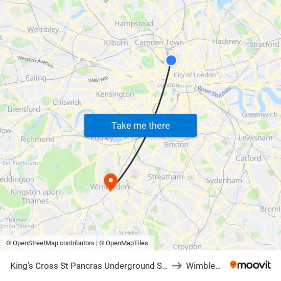 King's Cross St Pancras Underground Station to Wimbledon map