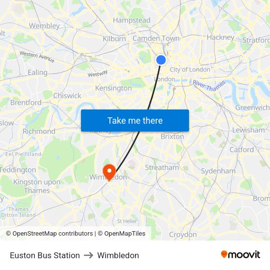 Euston Bus Station to Wimbledon map