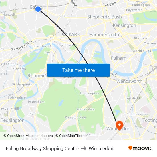 Ealing Broadway Shopping Centre to Wimbledon map