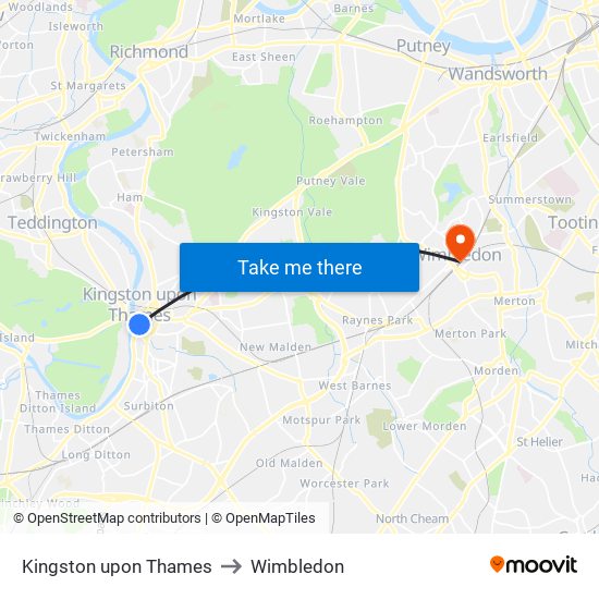 Kingston upon Thames to Wimbledon map