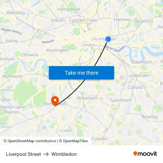 Liverpool Street to Wimbledon map