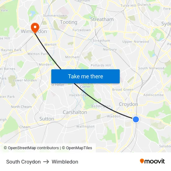 South Croydon to Wimbledon map