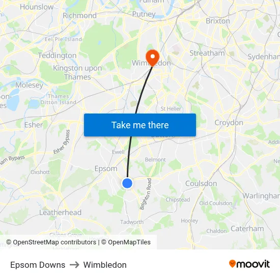Epsom Downs to Wimbledon map