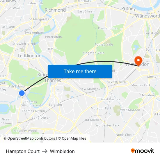 Hampton Court to Wimbledon map