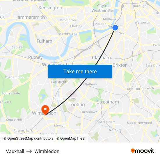 Vauxhall to Wimbledon map