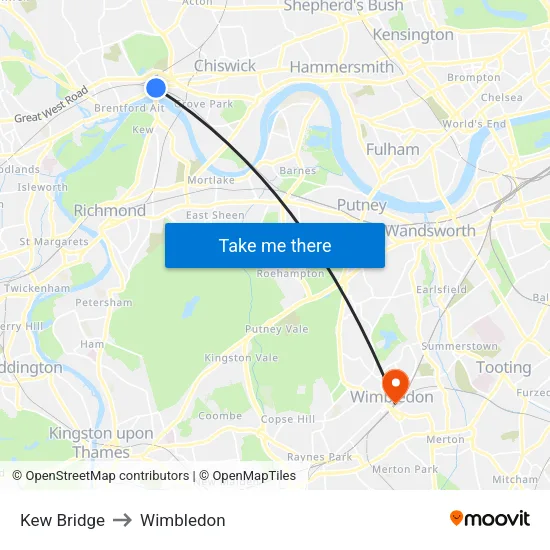 Kew Bridge to Wimbledon map