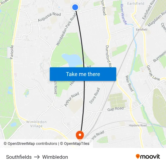 Southfields to Wimbledon map