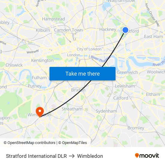 Stratford International DLR to Wimbledon map