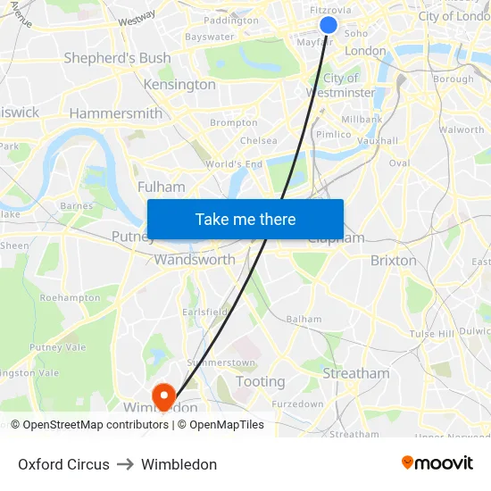 Oxford Circus to Wimbledon map