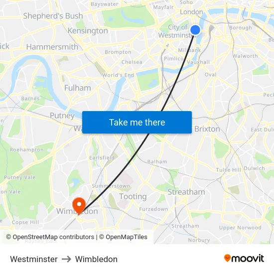 Westminster to Wimbledon map
