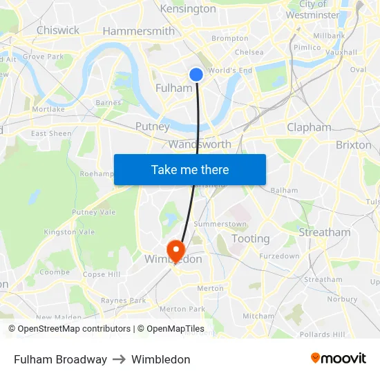 Fulham Broadway to Wimbledon map