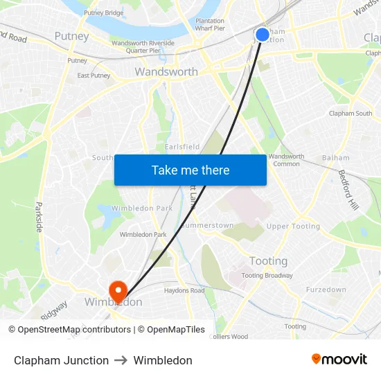Clapham Junction to Wimbledon map