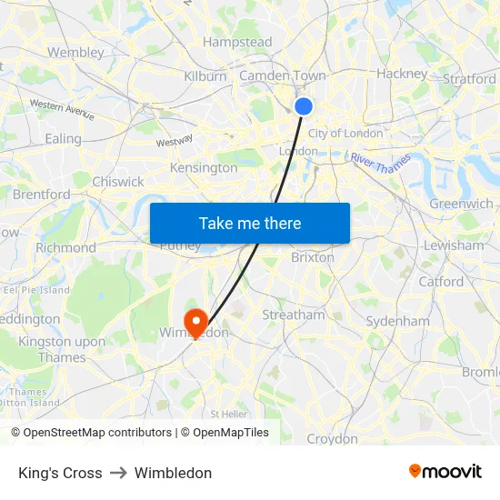 King's Cross to Wimbledon map