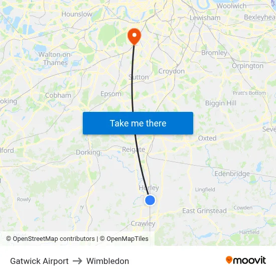 Gatwick Airport to Wimbledon map