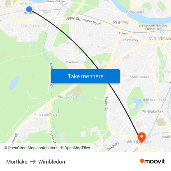 Mortlake to Wimbledon map