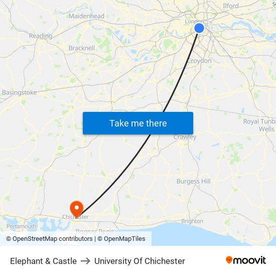 Elephant & Castle to University Of Chichester map