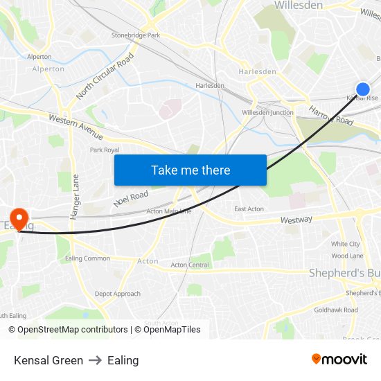 Kensal Green to Ealing map