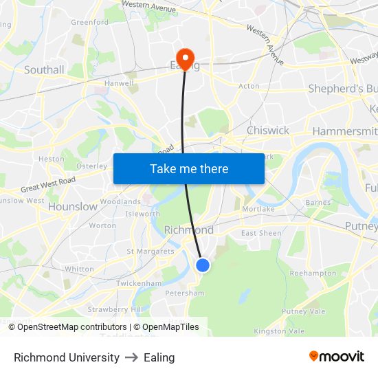 Richmond University to Ealing map