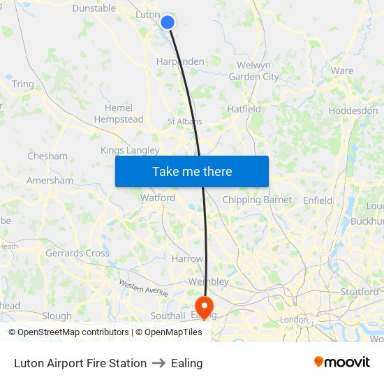 Luton Airport Fire Station to Ealing map