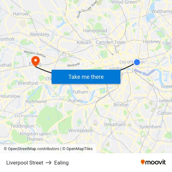 Liverpool Street to Ealing map