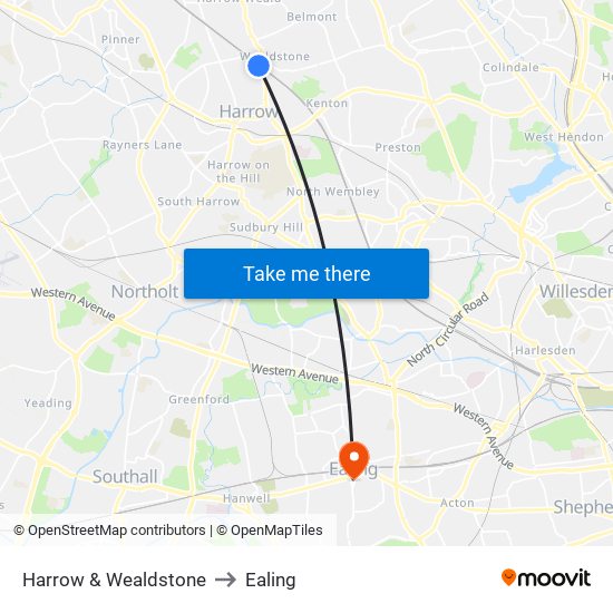 Harrow & Wealdstone to Ealing map