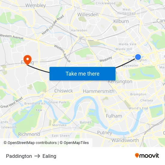 Paddington to Ealing map
