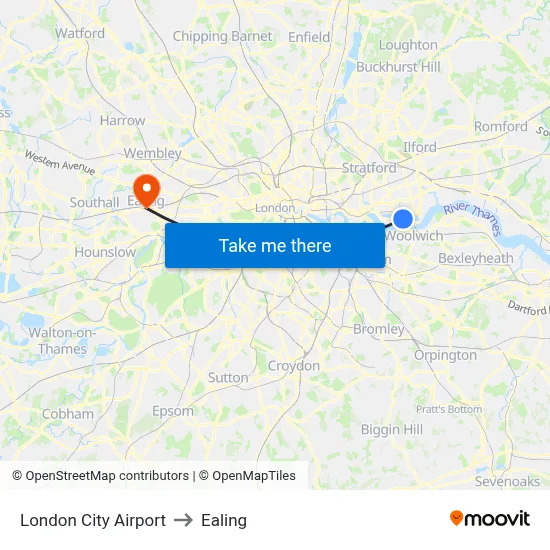 London City Airport to Ealing map