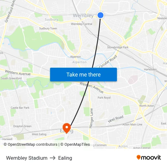 Wembley Stadium to Ealing map
