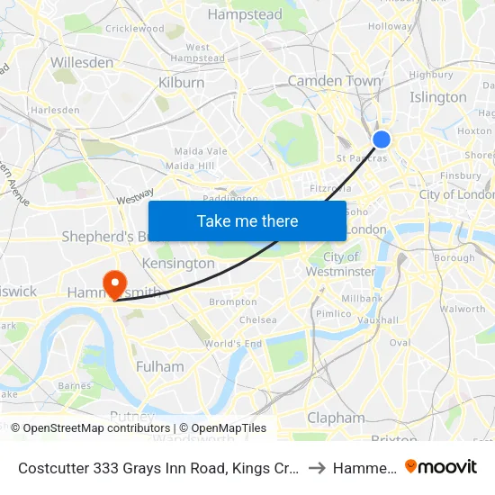 Costcutter 333 Grays Inn Road, Kings Cross, London, Wc1x 8px to Hammersmith map