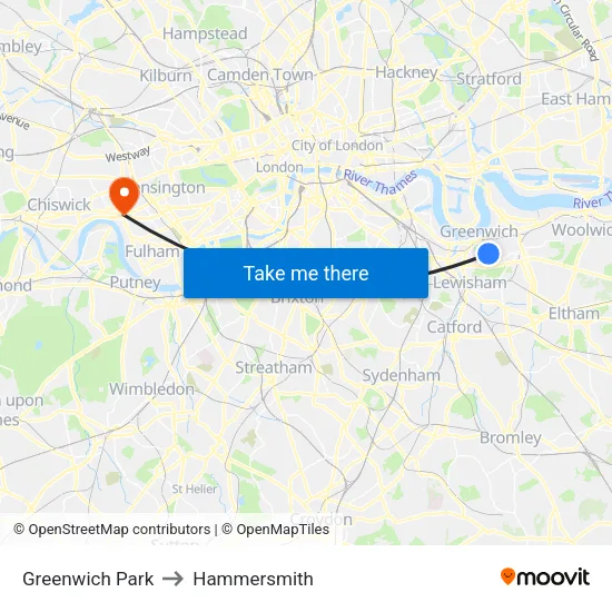 Greenwich Park to Hammersmith map