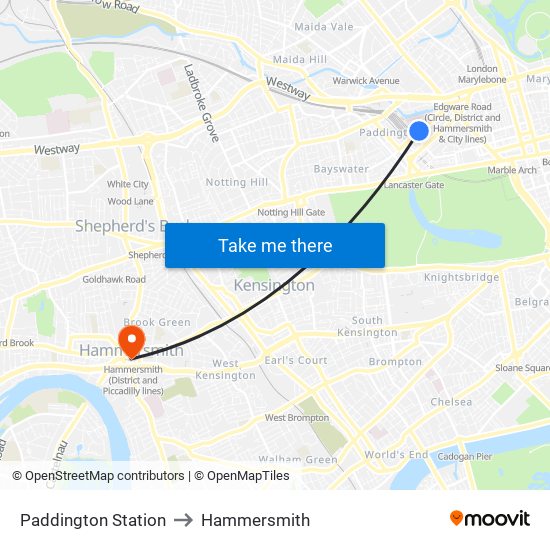 Paddington Station to Hammersmith map