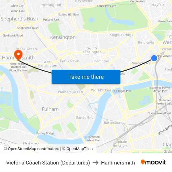 Victoria Coach Station (Departures) to Hammersmith map