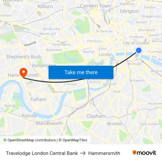 Travelodge London Central Bank to Hammersmith map