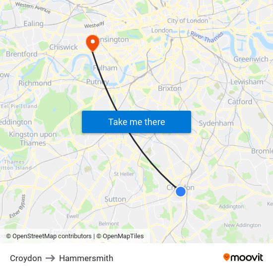 Croydon to Hammersmith map