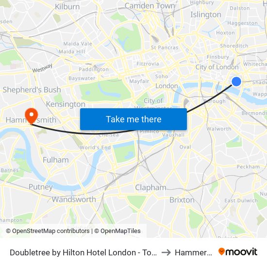 Doubletree by Hilton Hotel London - Tower Of London to Hammersmith map