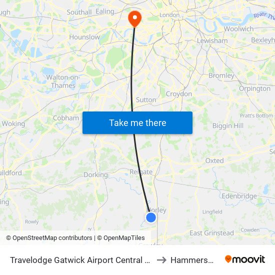 Travelodge Gatwick Airport Central Hotel to Hammersmith map