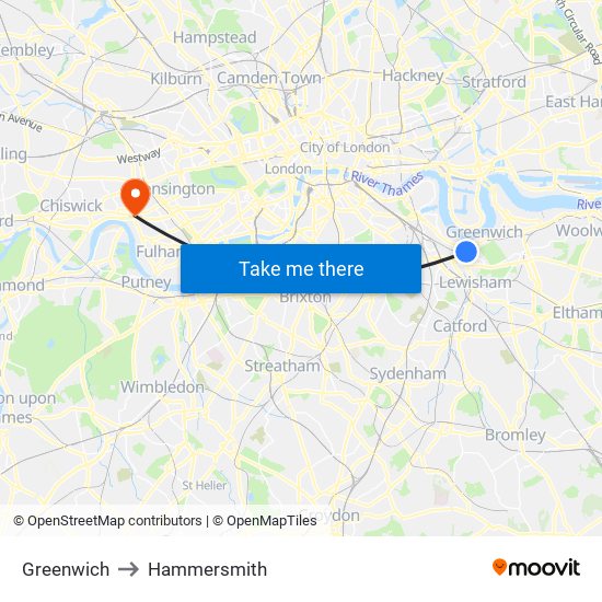 Greenwich to Hammersmith map