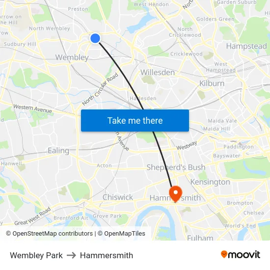 Wembley Park to Hammersmith map
