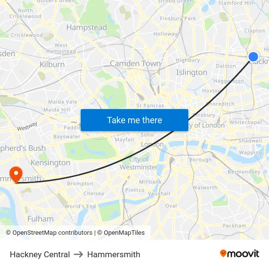 Hackney Central to Hammersmith map