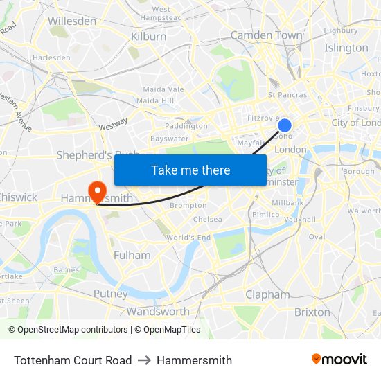 Tottenham Court Road to Hammersmith map