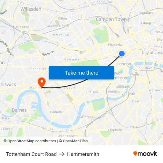 Tottenham Court Road to Hammersmith map
