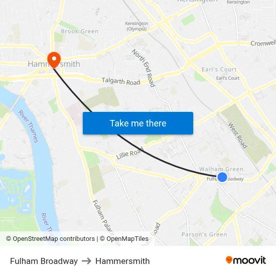 Fulham Broadway to Hammersmith map