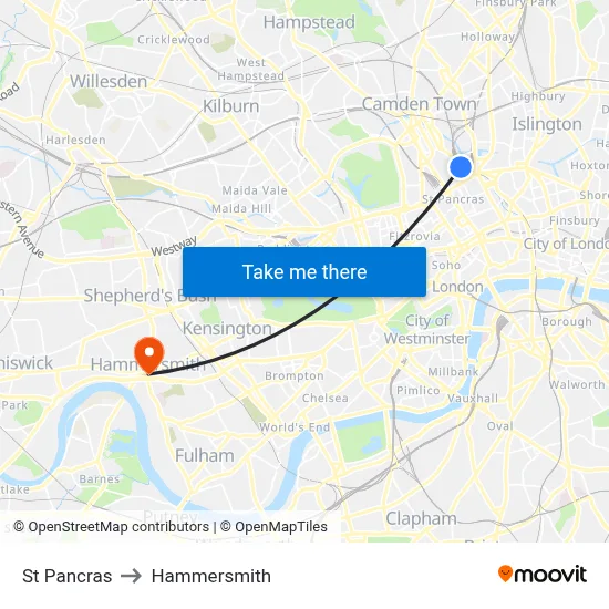 St Pancras to Hammersmith map