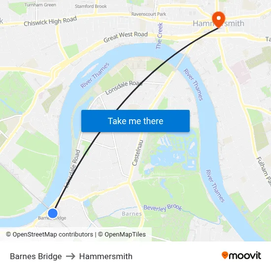 Barnes Bridge to Hammersmith map
