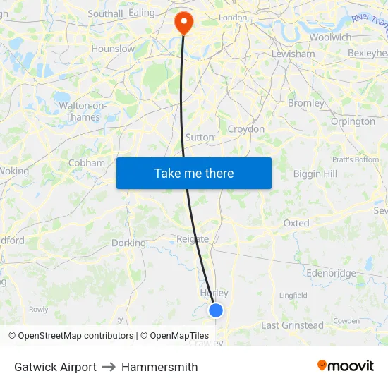 Gatwick Airport to Hammersmith map